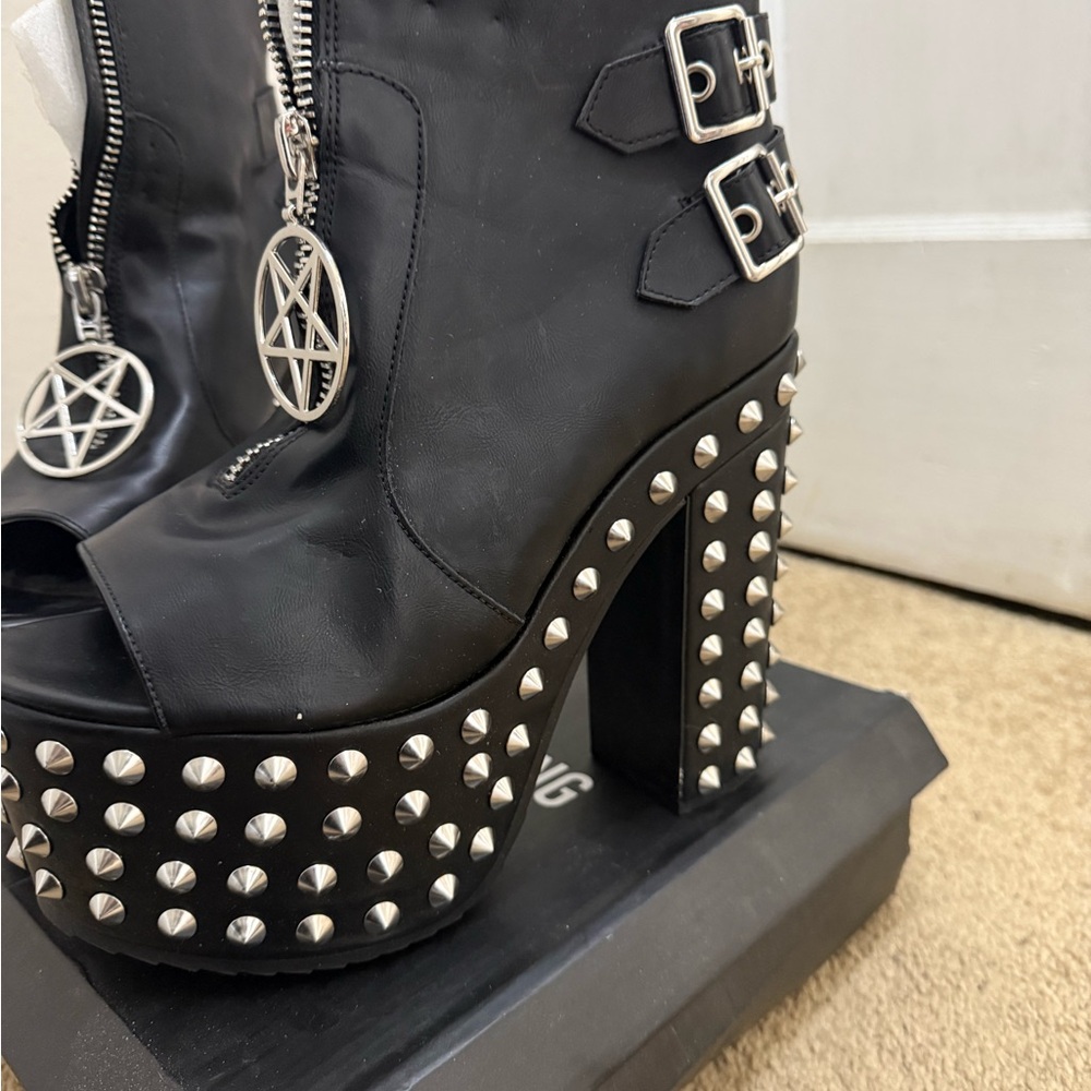 Liliana Black Studded Platform Peep-Toe Boots - Picture 2 of 6